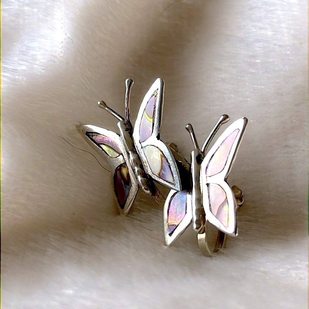 TAXCO Mexico RM Sterling Silver Abalone Inlay Butterfly Screw Back Earrings 925